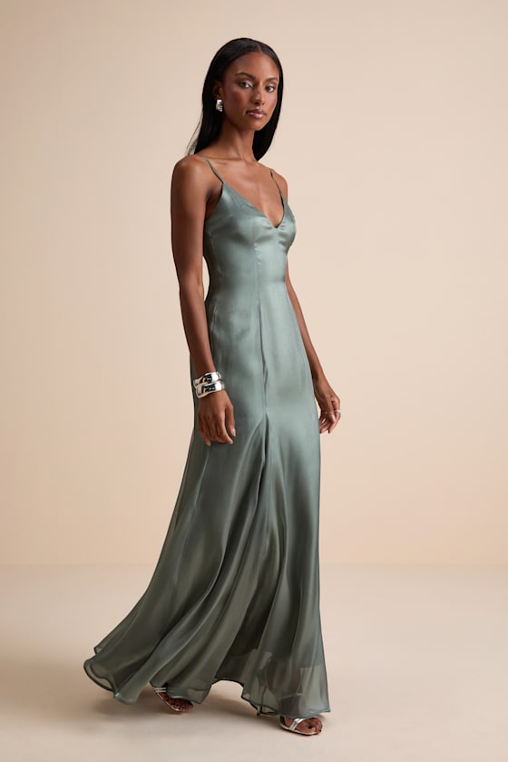 Luziel Sage Green Organza Pleated Maxi Dress