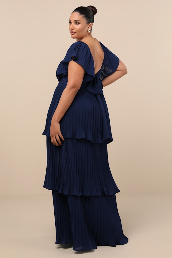 Notorious Charm Navy Blue Pleated Flutter Sleeve Maxi Dress