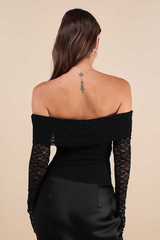 Serene Date Black Lace Off-the-Shoulder Long Sleeve Top
