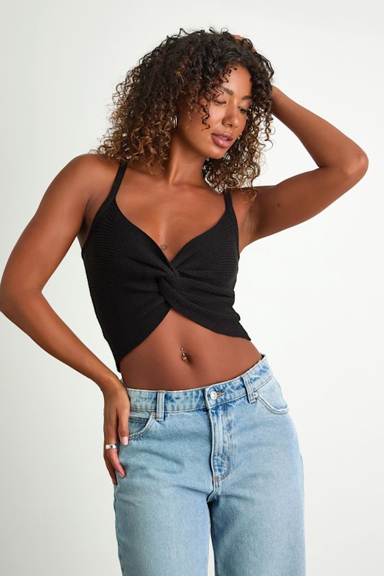 Melika Black Ribbed Knotted Crop Tank Top