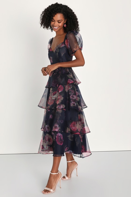 Oh-So Stunning Navy Blue Floral Organza Tiered Midi Dress