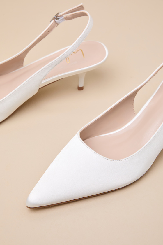 Agnesca White Satin Slingback Kitten Heel Pumps