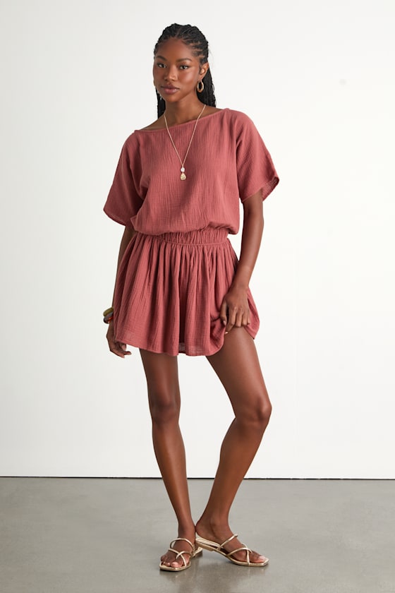 Aevorn Rusty Rose Gauzy Short Sleeve Mini Dress