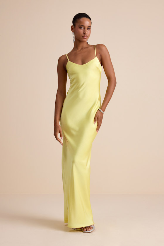 Janet Light Yellow Satin Slip Maxi Dress