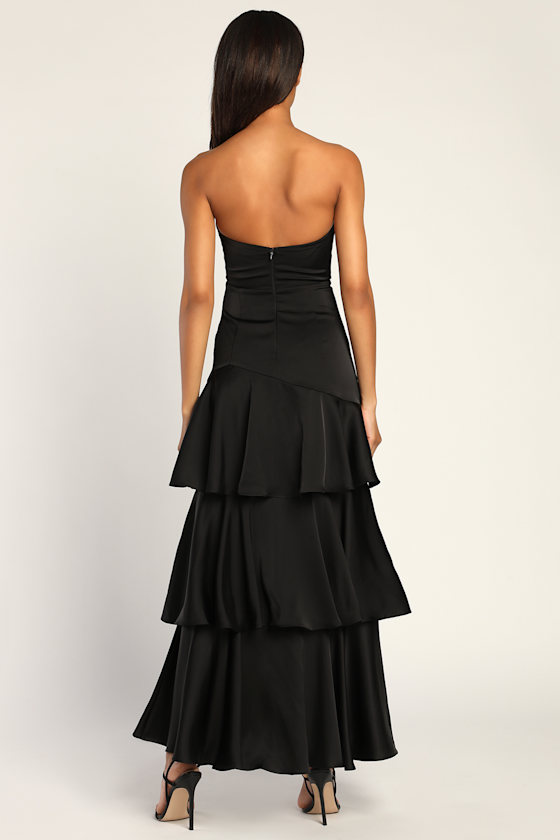 Blissfully Beautiful Black Satin Strapless Tiered Maxi Dress