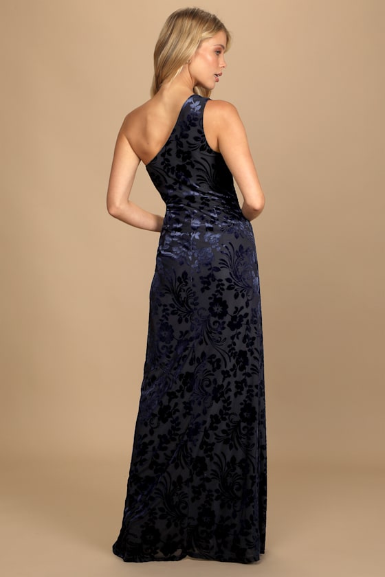 Marvelous Moi Navy Blue Burnout Velvet One-Shoulder Maxi Dress