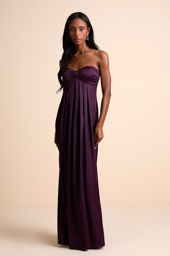 Memorable Entrance Dark Purple Strapless Satin Maxi Dress