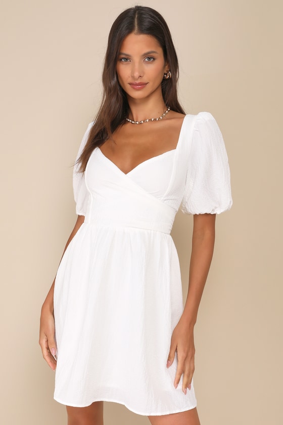 Little Bit In Love White Surplice Puff Sleeve Mini Dress