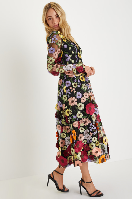 Impressive Blossom Black 3D Floral Embroidered Midi Dress
