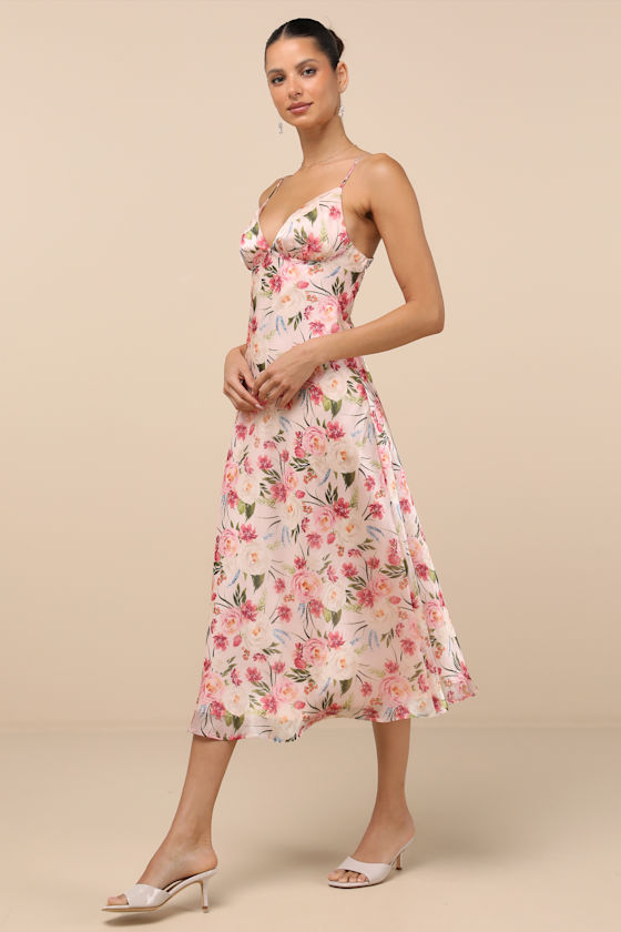 Alaia Blush Multi Floral Satin Backless Midi Dress
