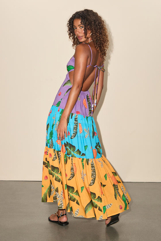 Helia Purple Multi Tropical Print Cutout Maxi Dress