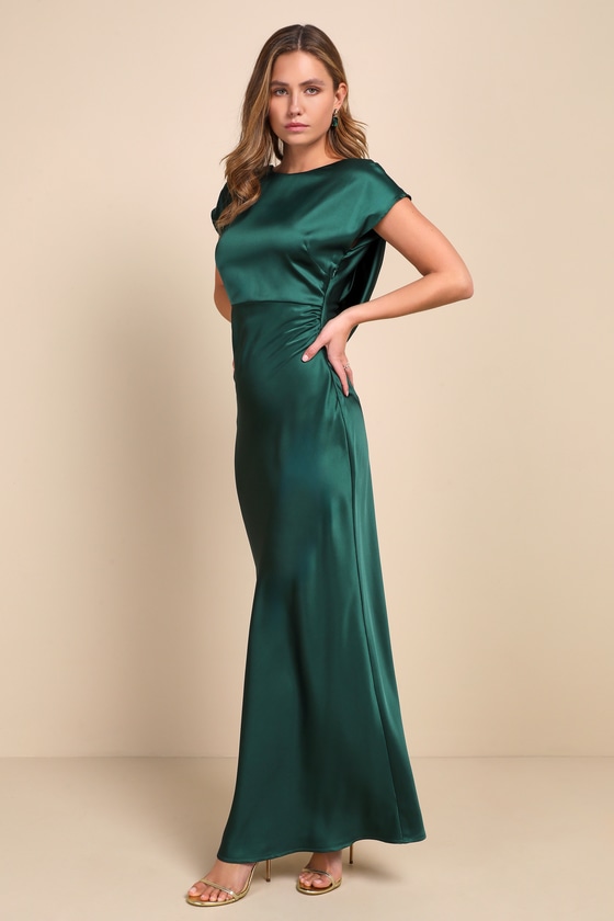 Captivating Presence Forest Green Satin Cowl Back Maxi Dress