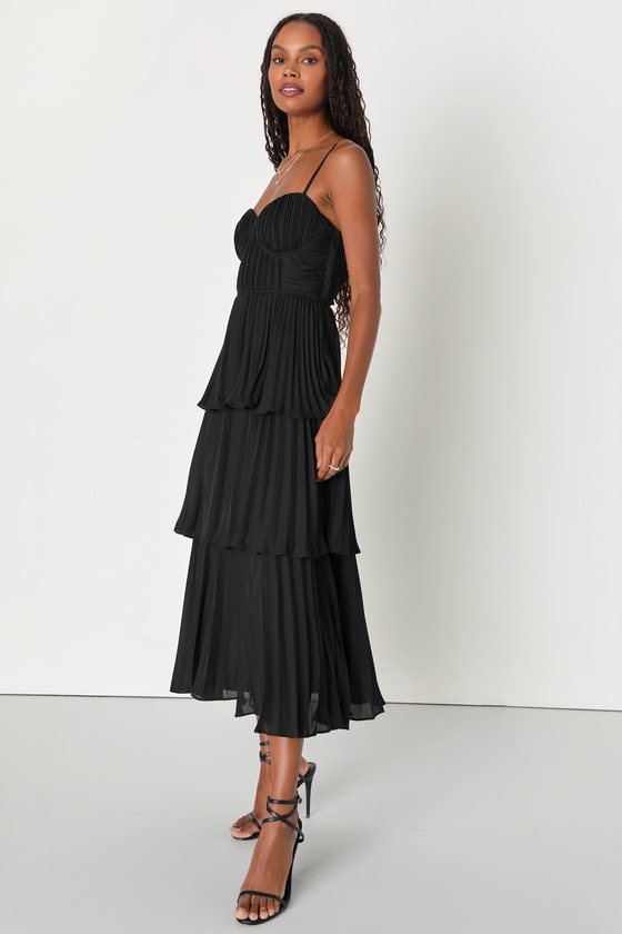 Cascading Crush Black Tiered Bustier Midi Dress
