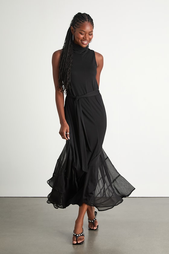 Jessa Black Jersey Knit Mock Neck Maxi Dress