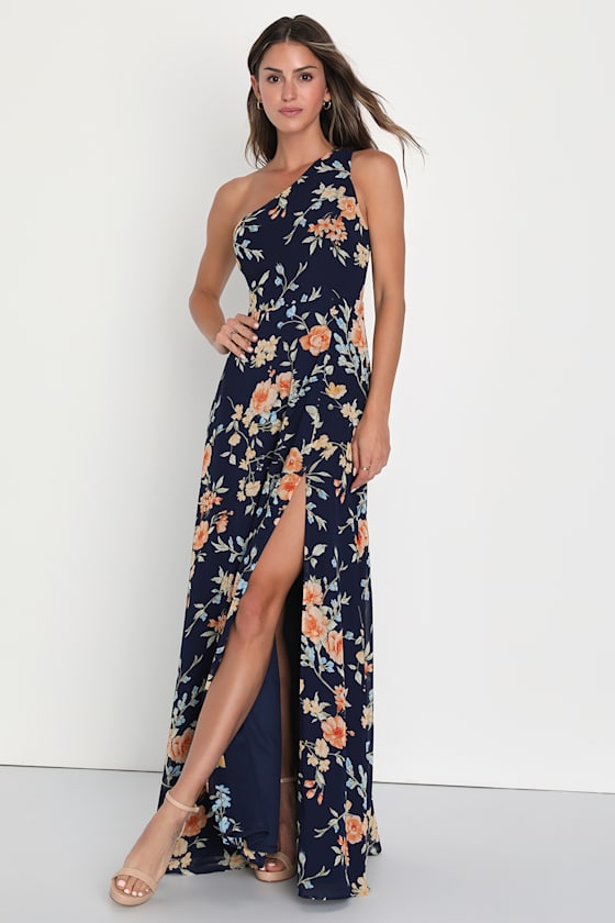 Elegant Admiration Navy Blue Floral One-Shoulder Maxi Dress