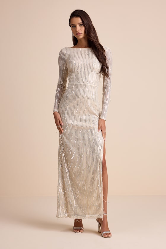 Glittery Devotion Champagne Sequin Fringe Maxi Dress