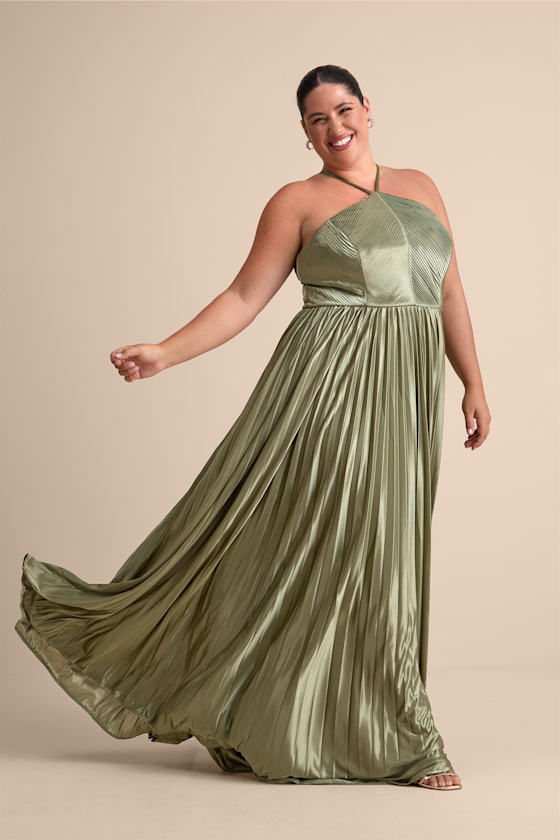 Elaborate Charm Olive Green Satin Pleated Backless Maxi Dress