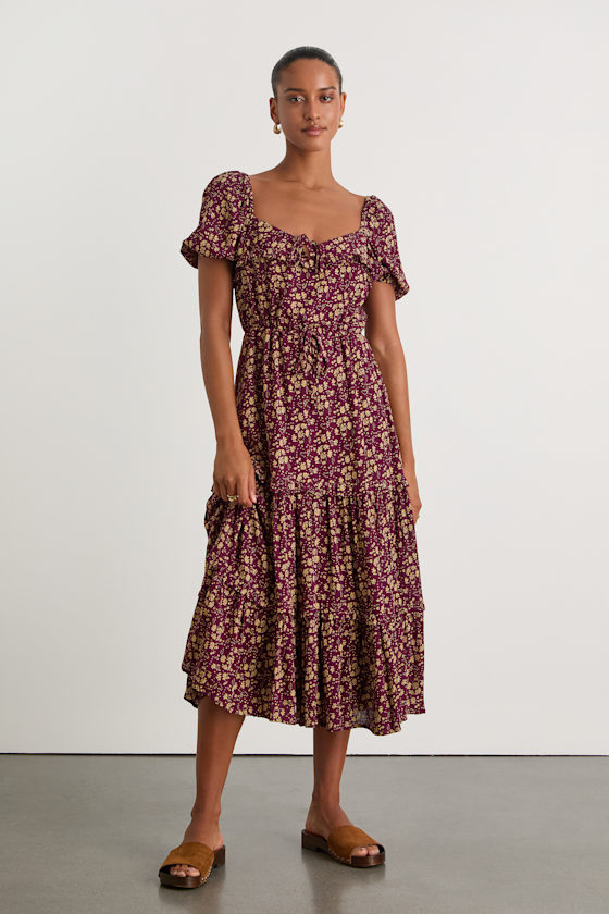 Adorable Ideal Burgundy Floral Print Tiered Ruffled Midi Dress
