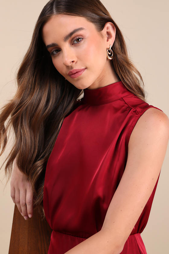 Classic Elegance Wine Red Satin Sleeveless Mock Neck Mini Dress