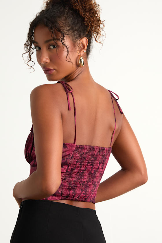 Raissa Burgundy Floral Satin Tie-Strap Crop Top