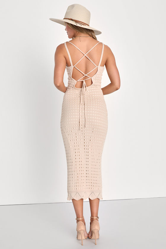 Ventura Vision Beige Crochet Lace-Up Midi Dress