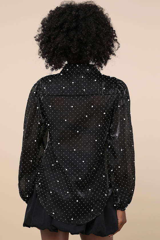 Poised Glam Black Sheer Rhinestone Button-Up Top