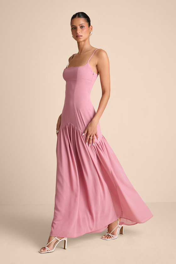 Auria Light Pink Chiffon Drop Waist Maxi Dress