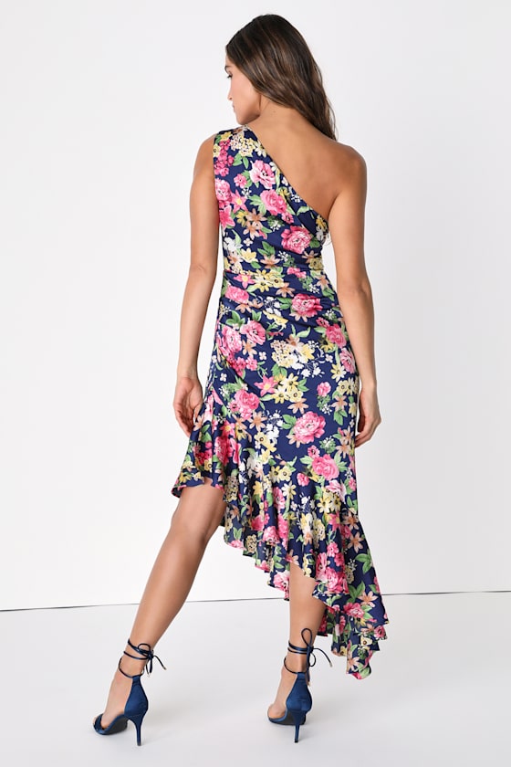 Divinely Blooming Blue Multi Floral One-Shoulder Midi Dress