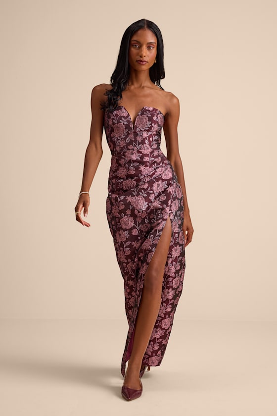D’Amore Plum Floral Jacquard Strapless Tulip Maxi Dress