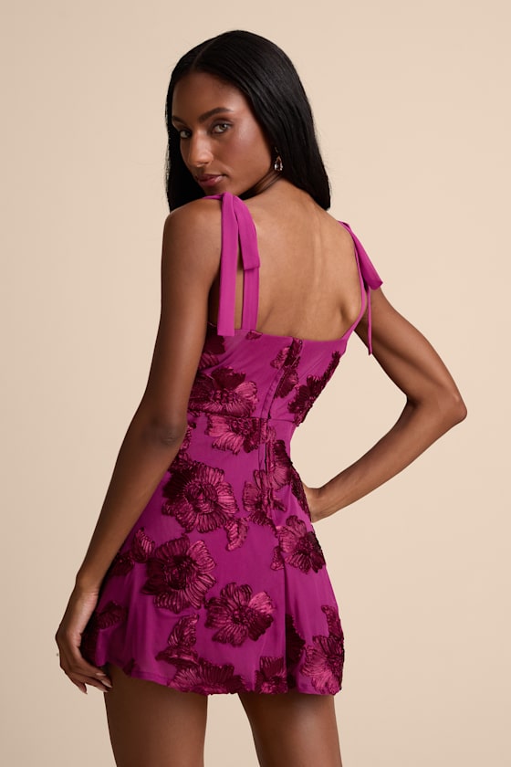 Truly Inspiring Plum Mesh Floral Applique Tie-Strap Mini Dress