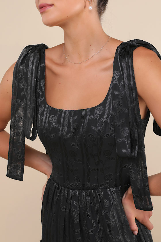 Picturesque Allure Black Jacquard Tie-Strap Maxi Dress