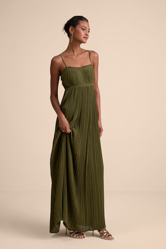 Delina Olive Plisse Chiffon Tie-Back Maxi Dress