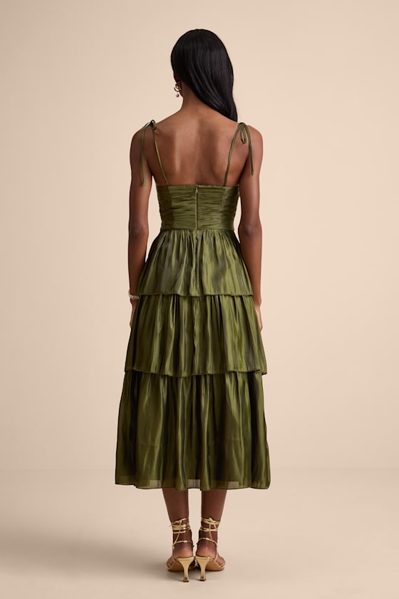Tennon Olive Green Plisse Tiered Midi Dress