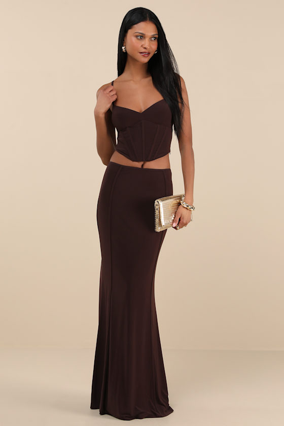Skyela Dark Brown Bustier Two-Piece Maxi Dress