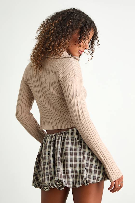 Palmina Beige Cable Knit Collared Zip-Up Cardigan Sweater