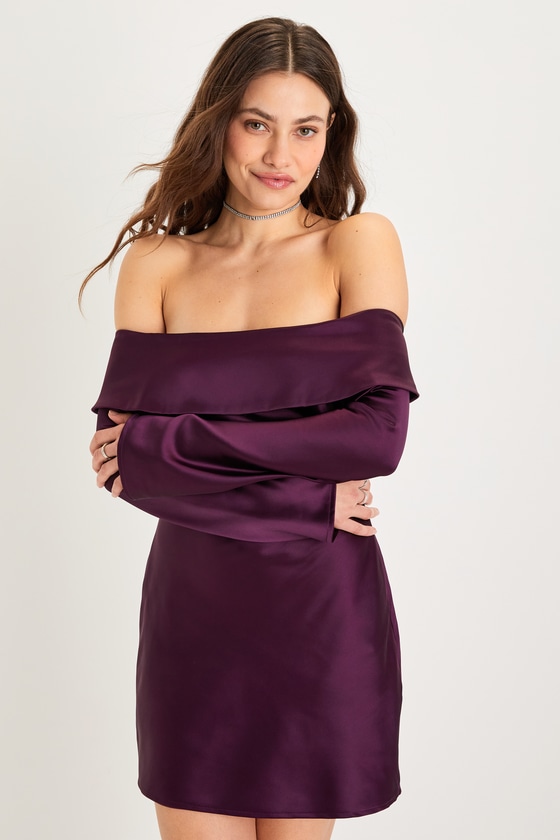 Luxurious Vision Plum Purple Satin Off-the-Shoulder Mini Dress
