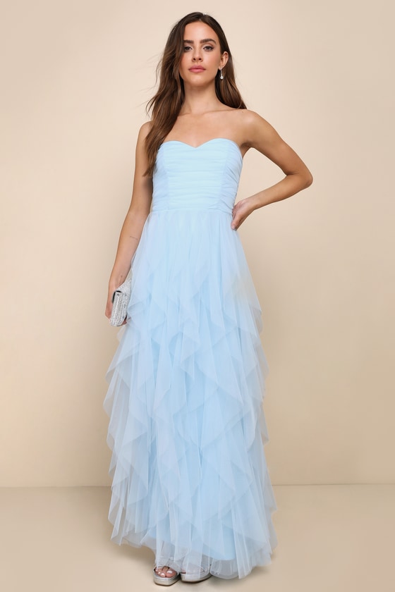 Delightful Beauty Blue Mesh Strapless Ruched Ruffled Maxi Dress