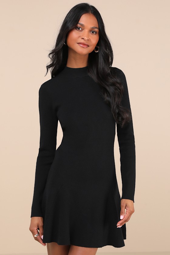 Adorable Intentions Black Mock Neck A-Line Mini Sweater Dress