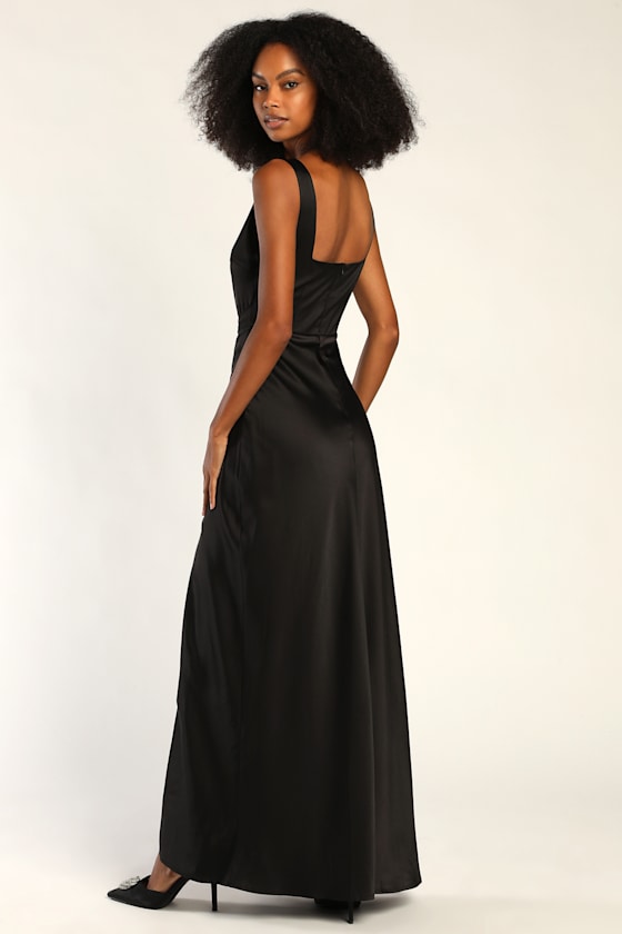 Red Carpet Romance Black Satin Square Neck Maxi Dress