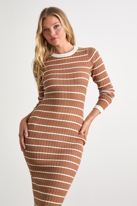 Ever So Effortless Light Brown Striped Ribbed Midi Sweater Dress