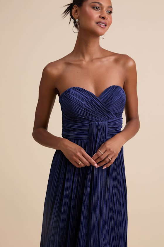 Oswin Navy Satin Plisse Strapless Maxi Dress
