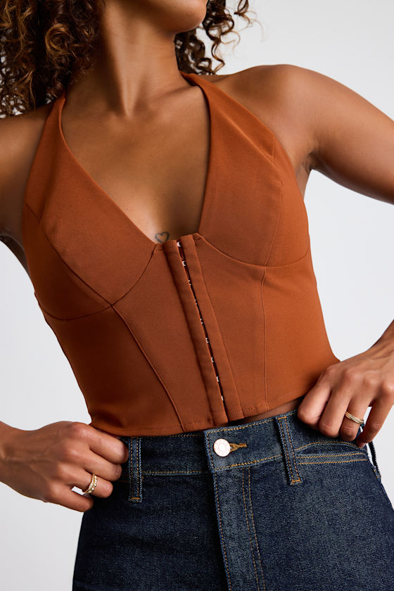 Adeema Rust Brown Hook-and-Eye Halter Crop Top