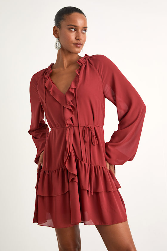 Allirah Rust Red Ruffled Long Sleeve Mini Dress