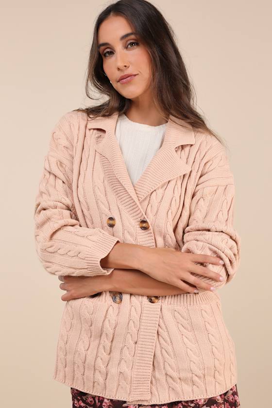 Majorly Comfy Beige Cable Knit Double Breasted Cardigan Sweater