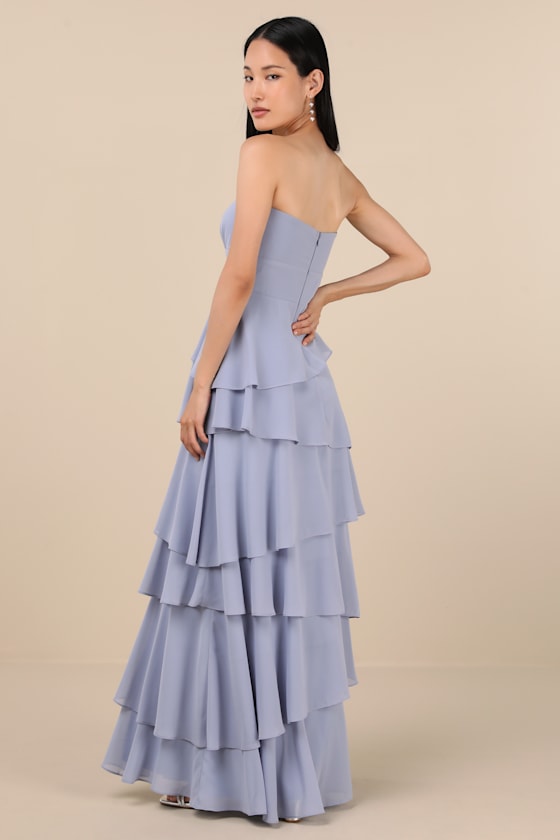 Gorgeous Essence Slate Blue Strapless Tiered Maxi Dress