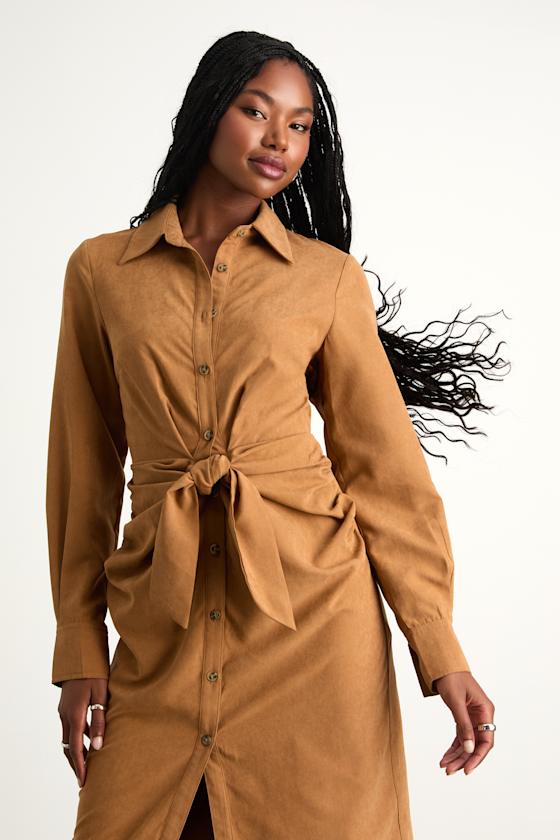 Autumnal Views Tan Suede Button-Up Tie-Front Midi Dress