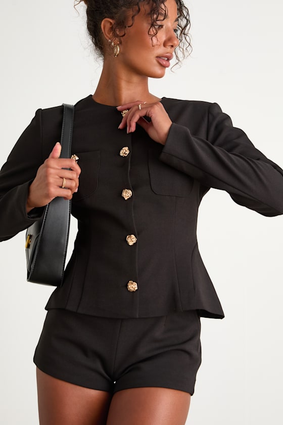 Lynn Black Rosette Button-Front Blazer