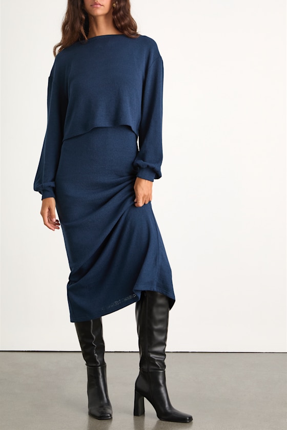 Marvelous Match Navy Knit Two-Piece Midi Dress & Sweater Set