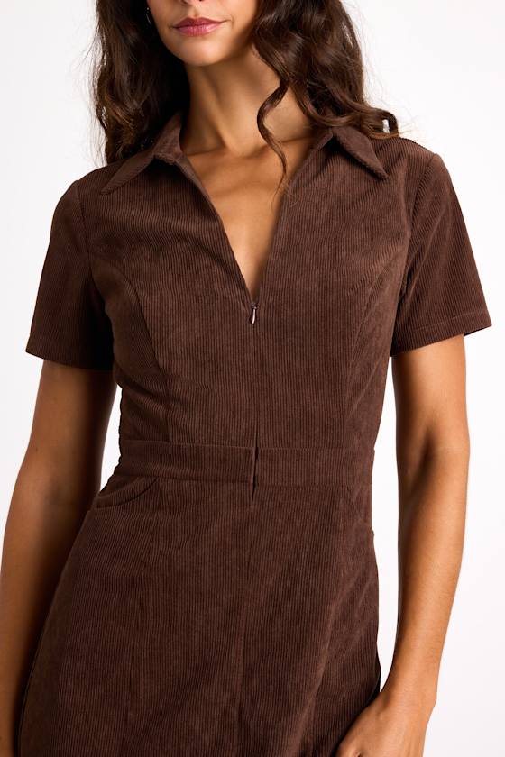 Go-Getter Girl Brown Corduroy Mini Dress With Pockets