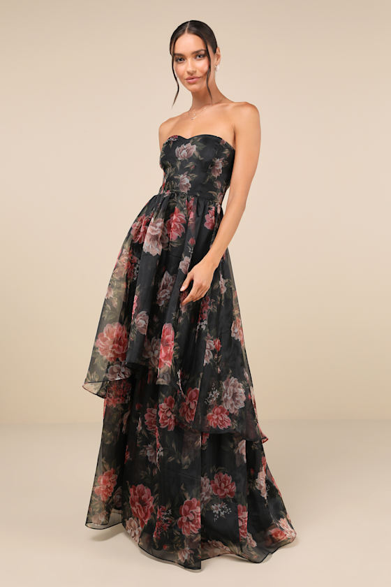 Truly Extraordinary Black Floral Organza Strapless Maxi Dress